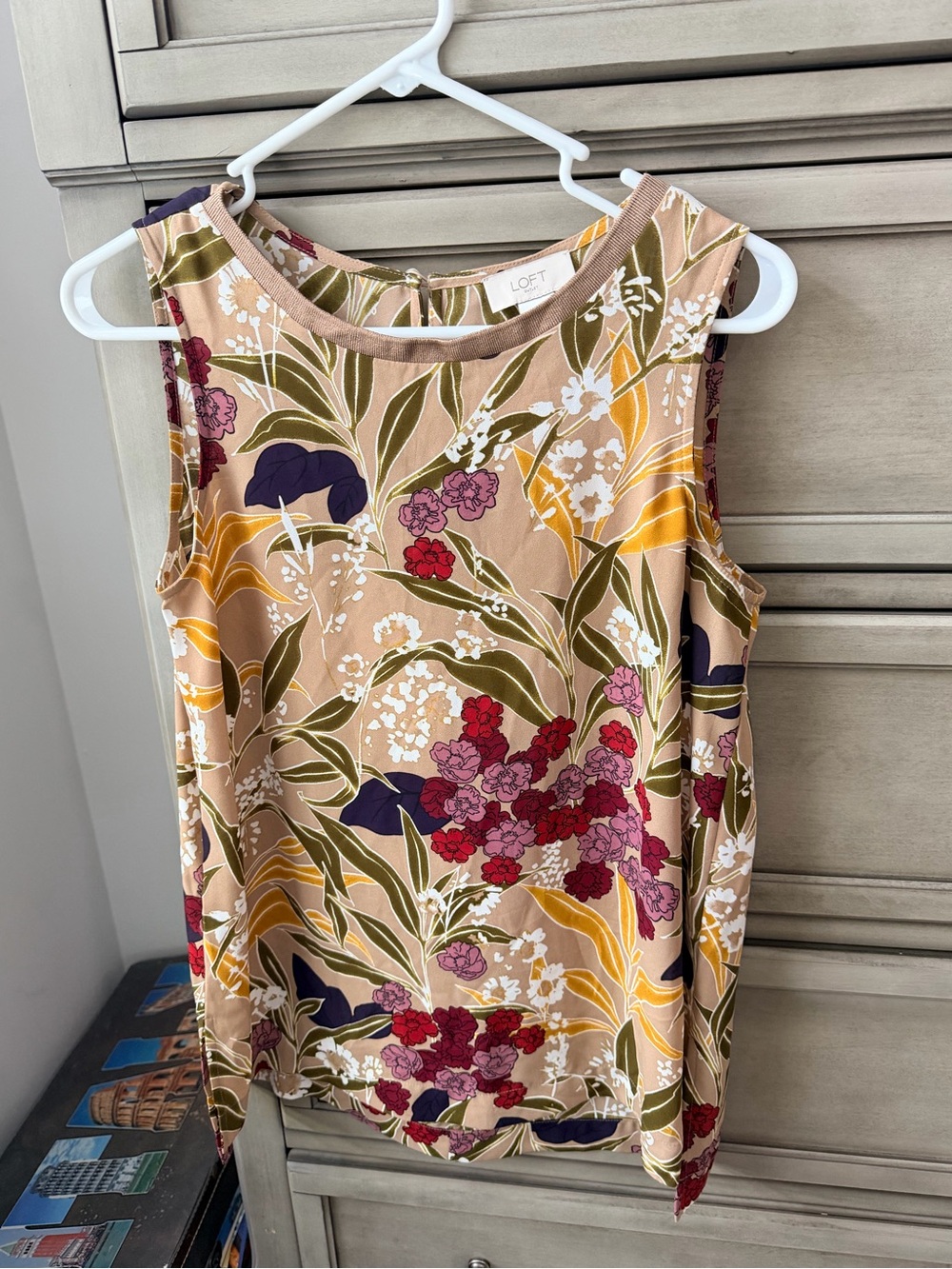 LOFT Beige Floral Sleeveless Shell Top with Red & Navy Accents